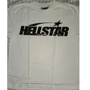 HELLSTAR Men's White Graphic T-Shirt Short Sleeve Crew Neck Star Flame Face